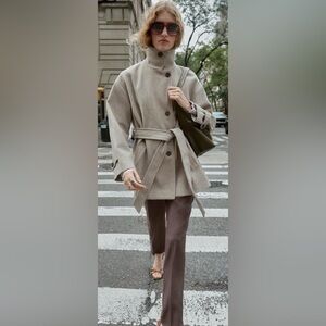 Zara Soft Double Position Collar Belted Coat XL Beige